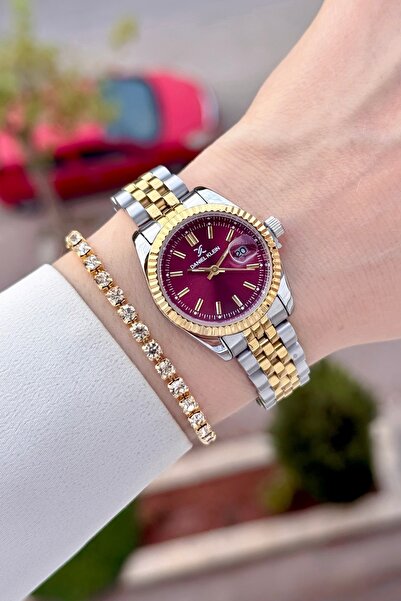 Daniel Klein Women's Wristwatch and Bracelet with Dial, Burgundy Strap, Gold ...