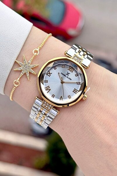 Daniel Klein Gold Metal Color Cut Glass Women's Wristwatch and Bracelet