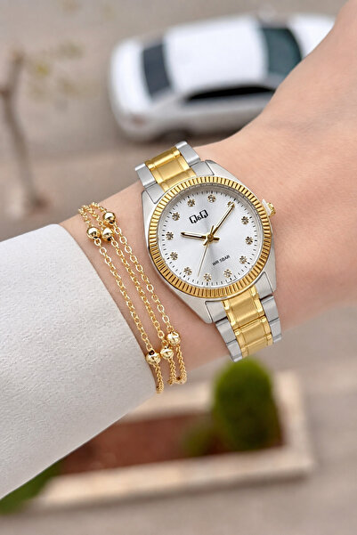 Q&Q Gold Gray Color 30 mm Numeral Women's Wristwatch and Gift Bracelet