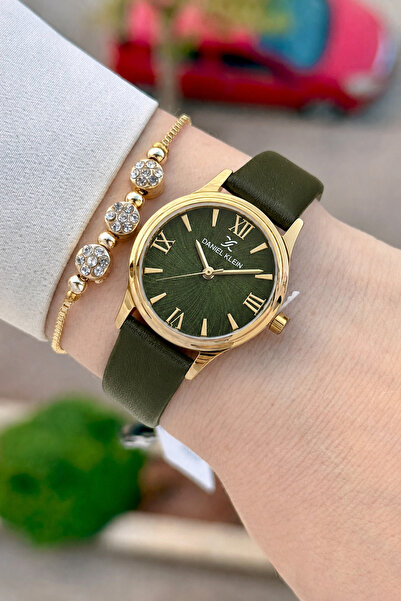 Daniel Klein Case Gold Cord Green Color Women's Wristwatch and Bracelet with ...