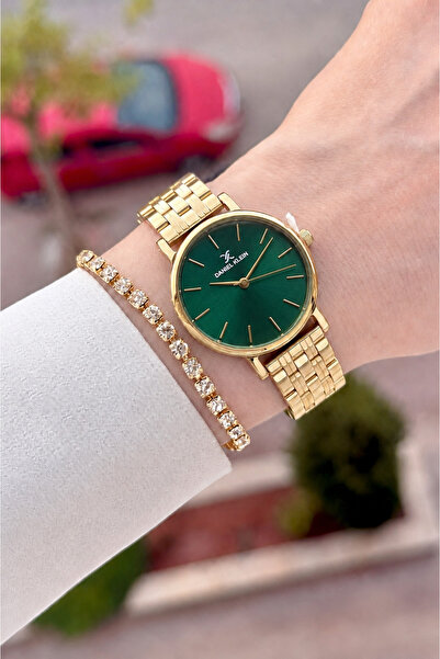 Daniel Klein Women's Wristwatch and Bracelet with Green Dial and Gold Color B...