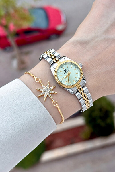 Daniel Klein Women's Wristwatch and Bracelet with Water Green Dial, Gold Gray...