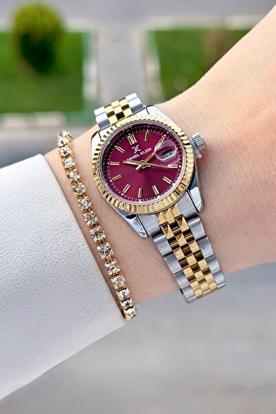 Daniel Klein Kadranı Bordo Kordonu Gold Gümüş Renk 28 Mm Hediye Paketli Kadın...