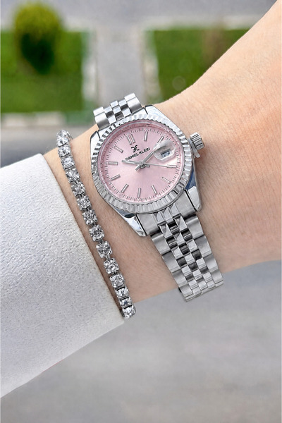 Daniel Klein Dial Pink Cord Silver Color 28 mm Women Wristwatch and Bracelet ...