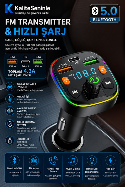 KALİTESENİNLE Bluetooth Araç Çakmaklık FM Transmitter Işıklı | MP3 Çalar | Ty...