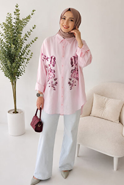 ASELA. ASELA Pembe Payet İşlemeli Oversize Kadın Tesettür Gömlek Tunik