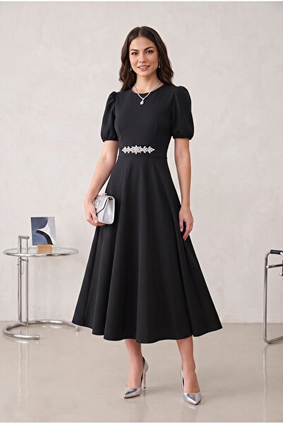 ALFUDO Moda Collection Μαύρο βραδινό φόρεμα με μανίκια καρπούζι, μήκους midi,...