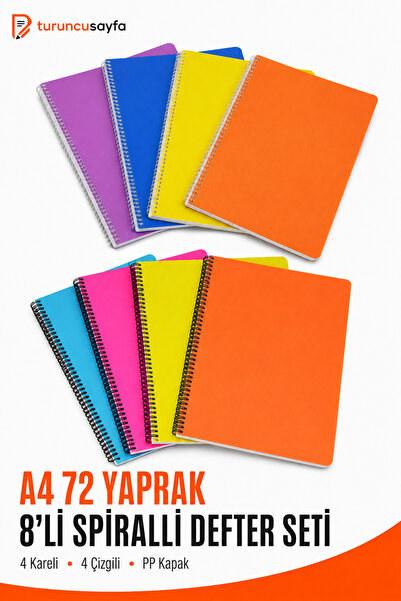 everart My Note Defter A4 72 Yaprak 8 Adet (4 KARE 4ÇİZGİLİ) Spiralli Pp Kapak