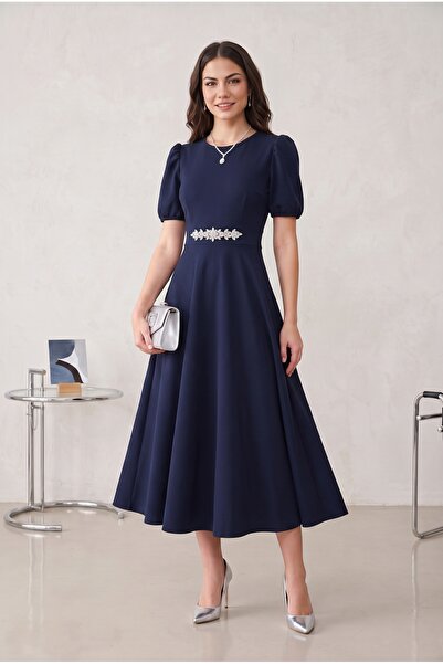 ALFUDO Moda Collection Bordo Karpuz Kollu Midi Boy Elbise