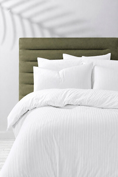 Hig Store Çift Kişilik Çizgili Saten Çarşafı Lastikli Nevresim Takımı Otel Ti...