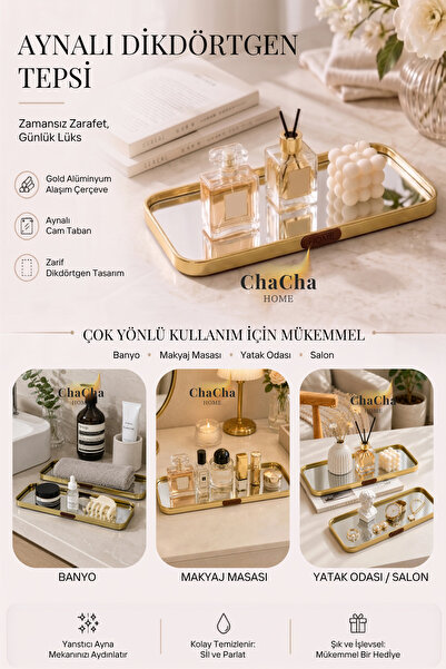 ChaCha Home İskandinav Lüks Aynalı Dekoratif Sunum Tepsi | Home Detaylı Dikdö...