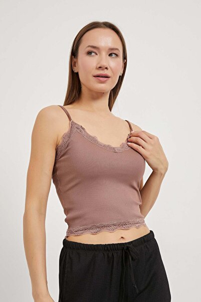 Arma Life Kadın İnce Askılı Dantelli Yazlık Kahve Crop Bluz