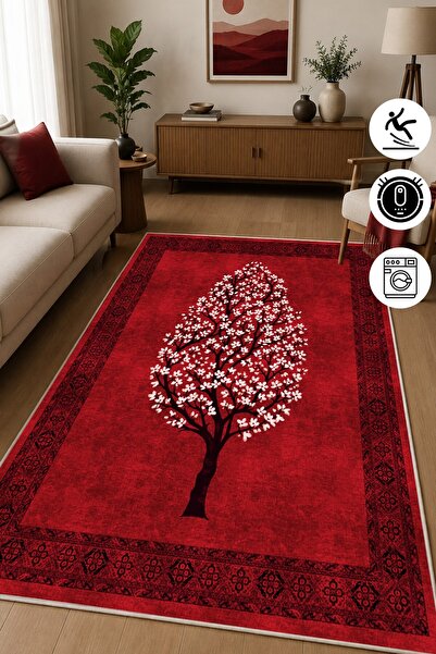Pelura Halı Sakura Desenli Kırmızı Baskılı Kaymaz Yıkanabilir Salon Oturma Od...