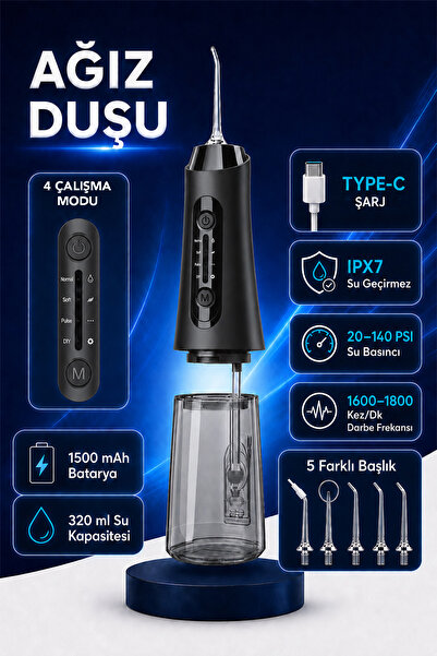 mimtec Şarjlı Ağız Duşu - 320ml Su Hazneli 5 Başlık 4 Çalışma Modlu Su Geçirmez Ağız Diş Dil Temizleyici Siyah