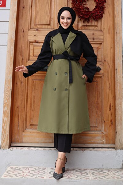 MİSSKAYLE Trench Coat with Sleeve Trim Khaki 4435