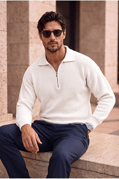 Valiberta Gibson Oversize Yarım Fermuar Gömlek Polo Yaka Selanik Örme Erkek T...