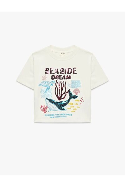 Koton Sequined Sequined Short Sleeve Crew Neck Cotton T-Shirt