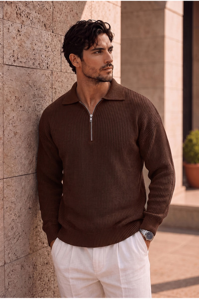 Valiberta Gibson Oversize Yarım Fermuar Gömlek Polo Yaka Selanik Örme Erkek T...