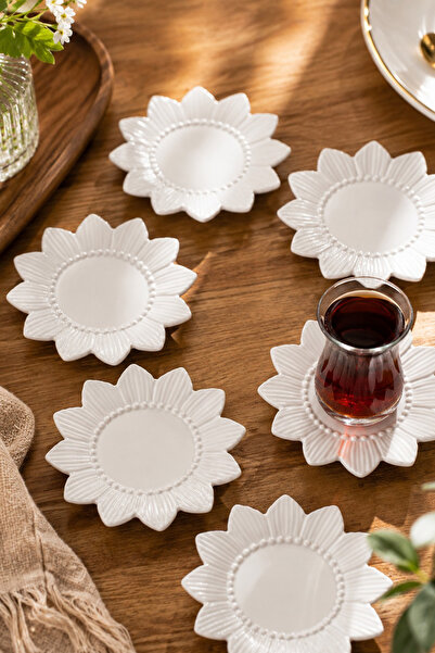 Porsima 2338 Güneş Motifli 6lı Porselen Çay Tabağı Seti Beyaz - 11,5cm