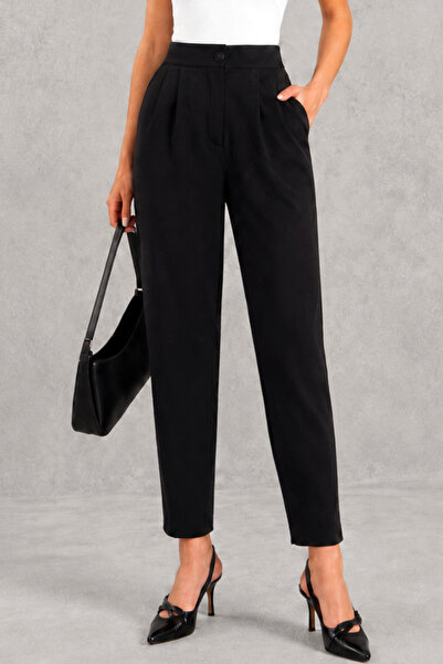 Abruzzo Black Skinny Leg Women's Trousers Pleated High Waist Buttoned Zippere...