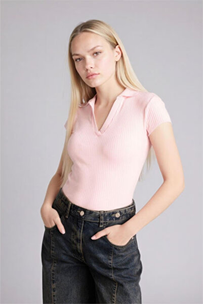 DeFacto Slim Fit Crochet Collar Basic Plain Ribbed Camisole Short Sleeve Polo...