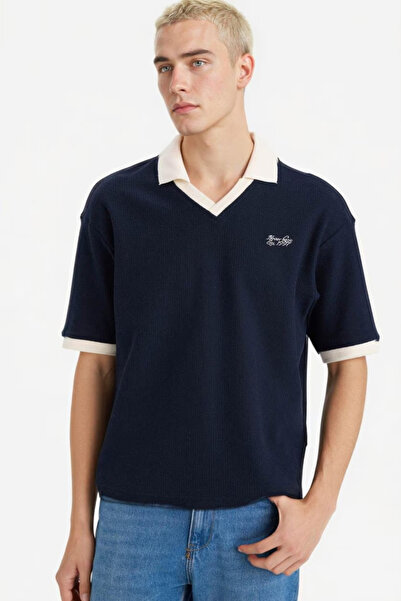 DeFacto Cotton Textured Boxy Fit Short Sleeve Navy Blue Polo T-Shirt F8352Ax25Au