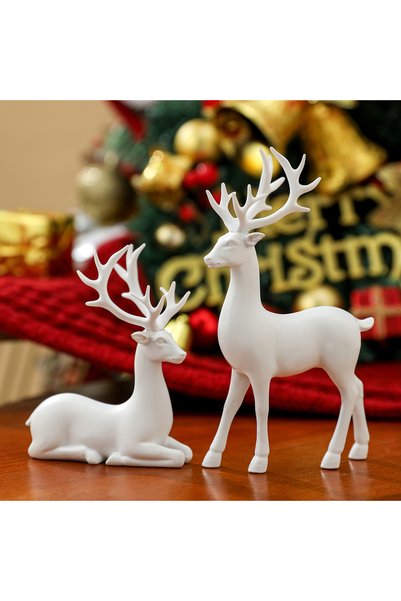 Choice White 2 Pcs Christmas Reindeer Decor Resin Standing Sitting Deer Figur...