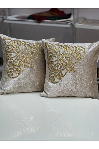 SEHARA 2 Velvet Cushion Covers/40X40Cm/Leatherette with Embroidery/Gold Leath...
