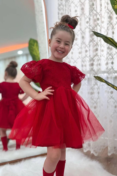 Minigimin Cicileri My Little Girl's Tulle Evening Dress with Lace Detail - Red