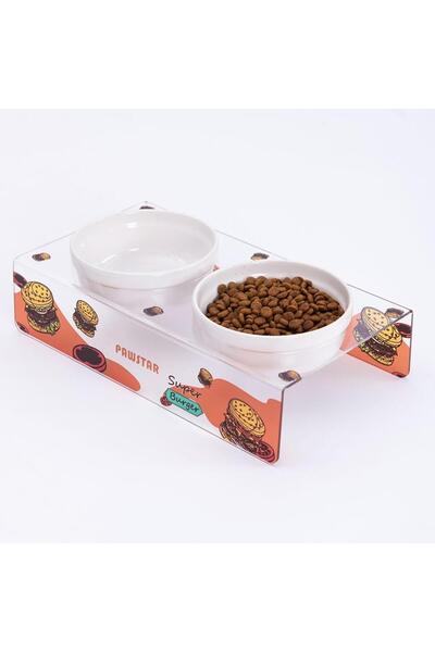 Pawstar Super Burger-İkili Seramik-Pleksi Mama ve Su Kabı-Kedi Köpek Mama Su ...