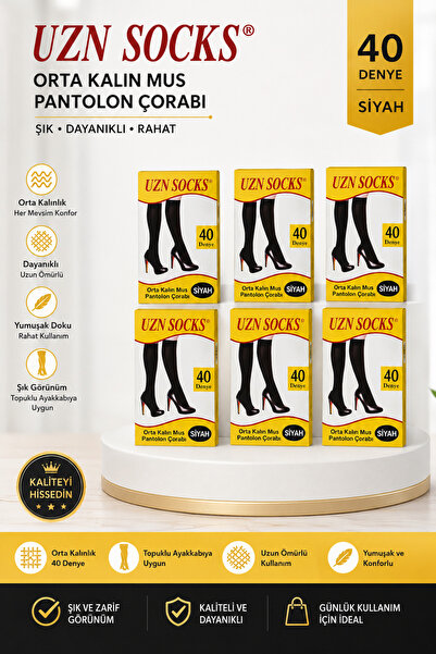 UZN SOCKS 6 Çift Siyah Kadın 40 Denye Dizaltı Çorap Mat İnce Pantolon Çorabı