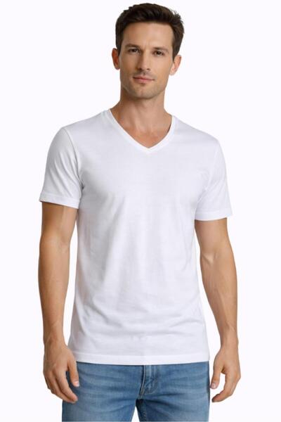 Çift Kaplan Men's Single Jersey V-Neck White T-Shirt 0952
