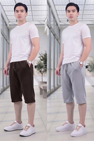 NO 601 Men's Brown-Grey Long Below-Knee Capri Shorts 2-Pack