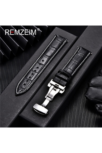 Choice 24mm Black-w-s Genuine Calfskin Leather Watchbands Business Replace Wa...