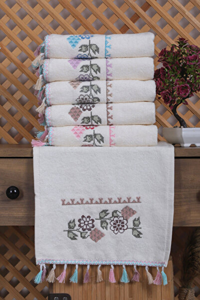 Mira Home 6-Piece Cross Stitch Flower Embroidered Hand Face Towel Set with Ta...