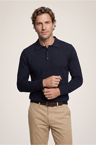 Kiğılı Polo Yaka Düğmeli Regular Fit Çizgili Triko Kazak
