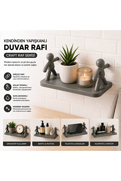 mczhome Gri Antrasit  36cm Kendinden Yapışkanlı Craft Banyo Rafı Tarz Baharat...