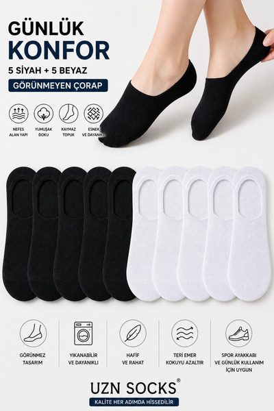 UZN SOCKS 10 Çift Pamuklu Babet Çorap - Gizli Çorap
