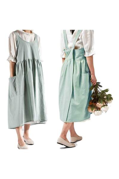 Choice OneSize light green Japanese Cotton Aprons for Women with Pockets Cros...