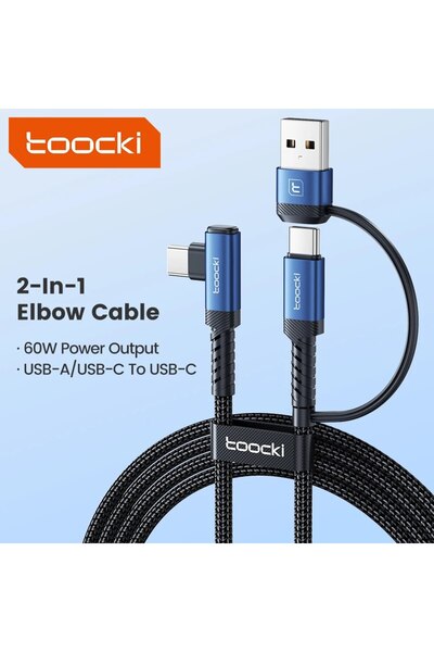 Toocki 2m Blue 2 IN 1 USB Type C Cable 90 Degree Elbow PD 60W Fast Charging D...