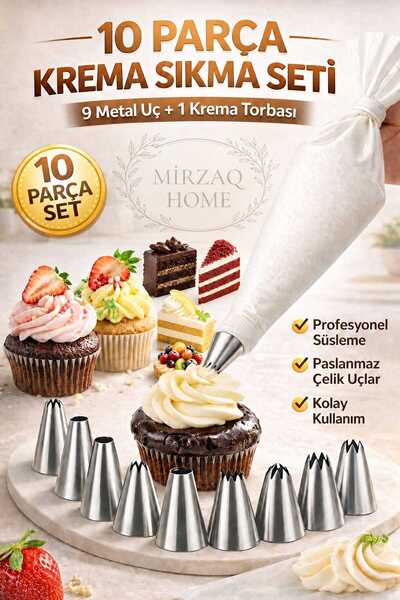 MirzaQ Krema Sıkma Torbası Setİ Pasta Krema Kek Süsleme Torbası Paslanmaz Çel...