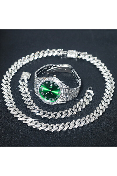 Choice1 green 3pcs Men's Silver Watch Set Hip-hop Punk Inlay Diamond Watch+Cu...