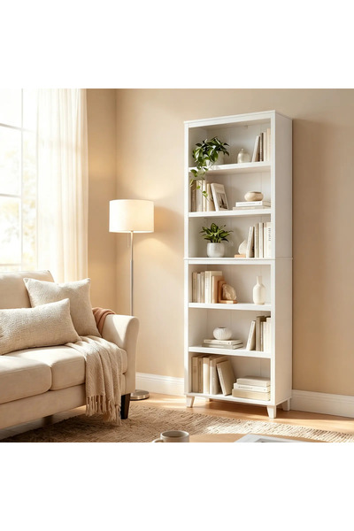 Arabest 70*30*193.8cm 25.984kg White 6-Tier Solid Wood Storage Shelf, Freesta...