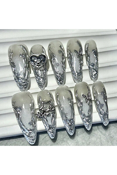 Choice3 M Gradient Silver Vine Gilt Heart Long Tip Handmade Designer Press On...