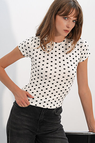 Merterium Women's Short Sleeve Polka Dot Blouse 1534 - White