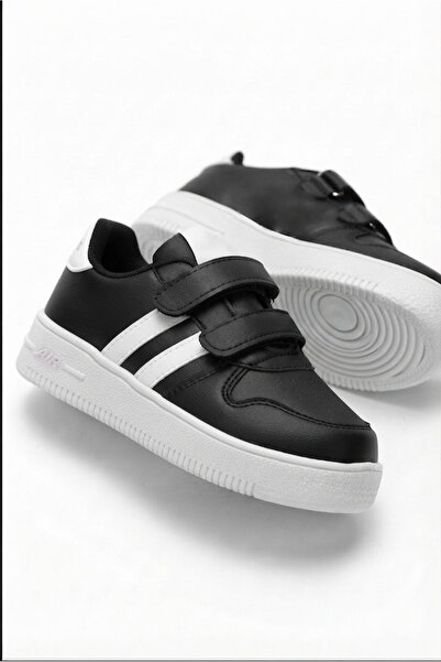 İmerShoes Unisex Çocuk Siyah Beyaz Sneaker Cırtlı Çift Şeritli Hafif Rahat Günlük Spor Ayakkabı ZL001