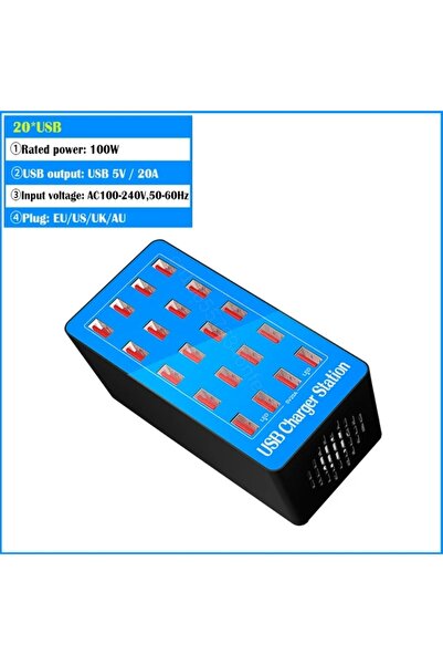 Choice EU Plug Blue USB Charger Station 20-Port 100W Multiple Charging Statio...