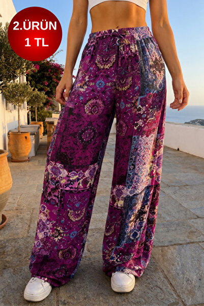 BİKELİFE Women's Ethnic Patterned Summer Fabric Pants with Elastic Waist