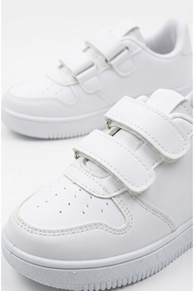 İmerShoes Unisex Çocuk Beyaz Sneaker Cırtlı Çift Şeritli Hafif Rahat Günlük Spor Ayakkabı ZL001