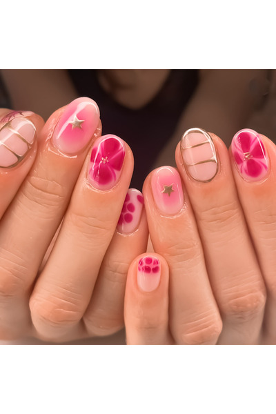 Choice style1 Wearable Cute Flower Stars Short Round False Nails 24pcs Almond...
